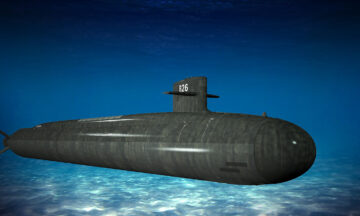 Artist rendering of a Columbia-class submarine underwater. Vessel is dark gray surrounded by a varying shade of blue to mimic water.