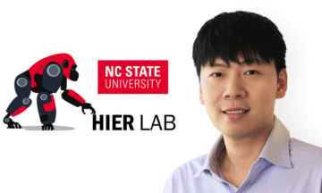A graphic. On the left hand side, the logo for the HEIR Lab, featuring a robotic looking gorilla. On the right, a headshot of a man with dark hair.