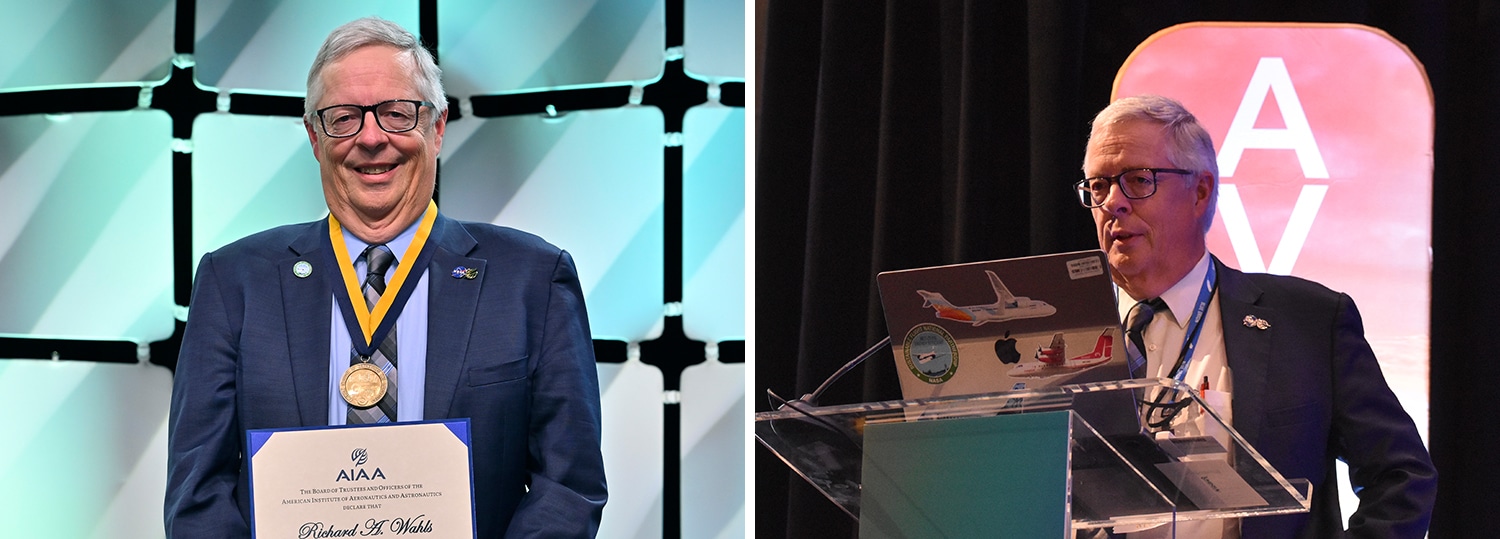 A two-panel image shows the same man. On the left, he is smiling and wearing a dark blue suit with a gold medal around his neck, holding a certificate. He stands in front of a light blue and white geometric background. On the right, he is speaking at a podium with a laptop on it, wearing a dark suit and a tie. The podium has "AVIATION" and "21-25 JULY * LAS VEGAS" written on it. Behind him is a large screen with a pink and white logo.