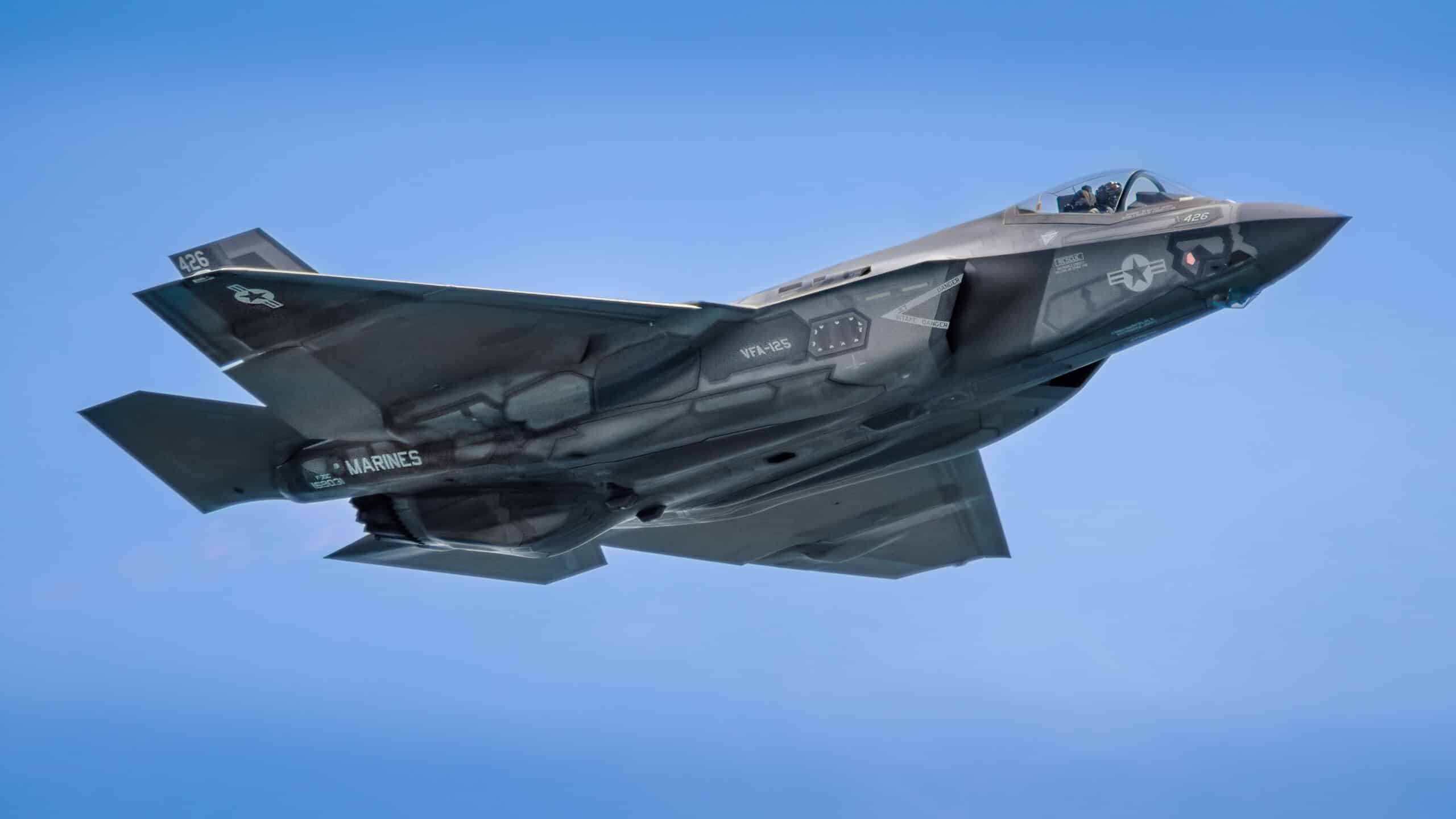 F-35 military jet in flight against a clear blue sky